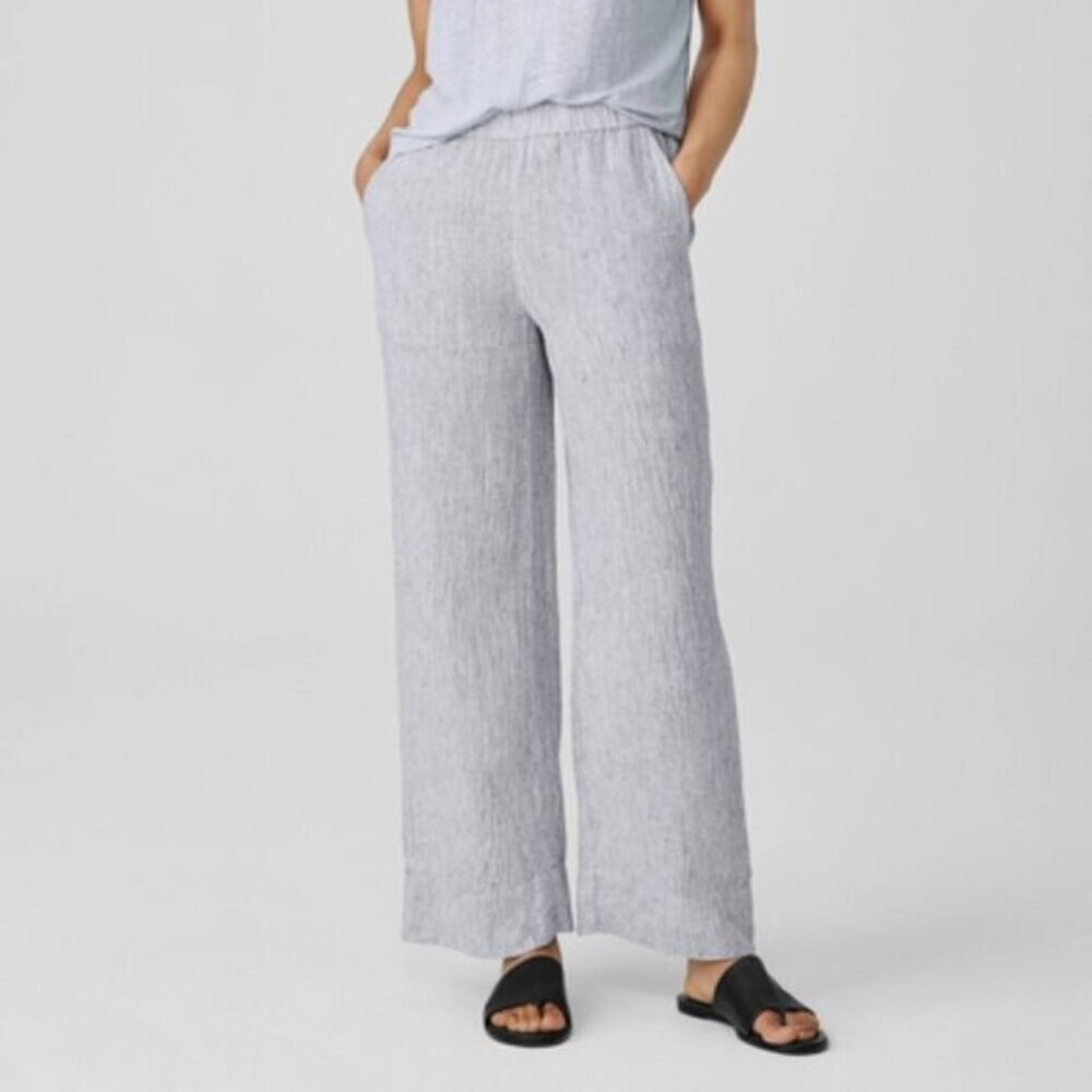 Eileen Fisher linen wide leg crinkle  pants black white stripe ankle new Large